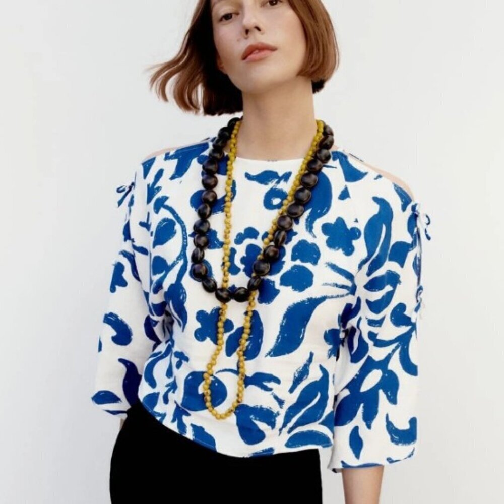 ZARA LADIES FLORAL PRINT TOP BLOUSE WHITE/BLUE SIZE XS 3532/241/080